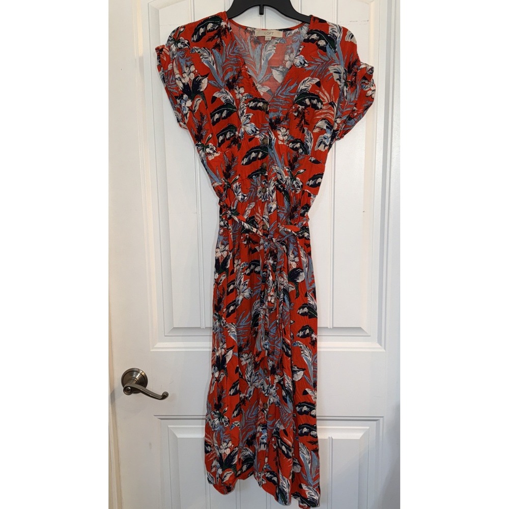 Loft Floral Island Hawaiian Print Dress Button Up Tie Waist Size 2 MIDI Length